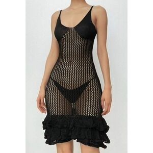 Micas Crochet Mini Dress Black Sleeveless Ruffle Hem‎ Cover Up Beach Party Large